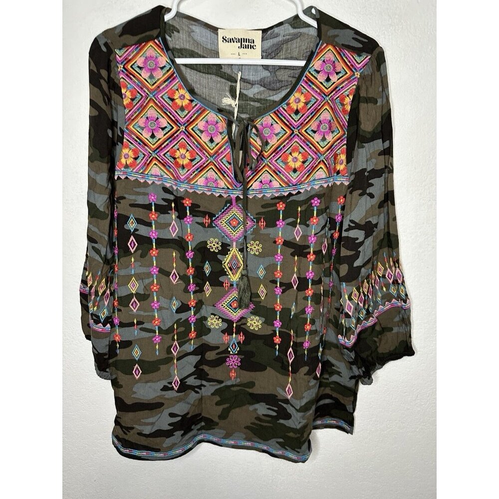 Savanna Jane Women’s Floral Camo Long Sleeve Blouse Shirt Size Large